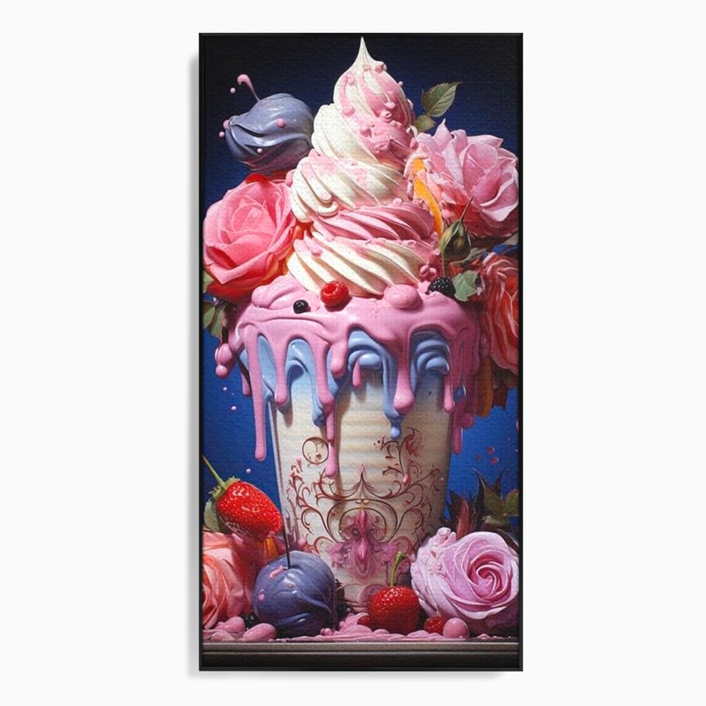 Tablou canvas cu ilustratie digitala cu cupa de desert decorata cu trandafiri, in rama de aluminiu negru