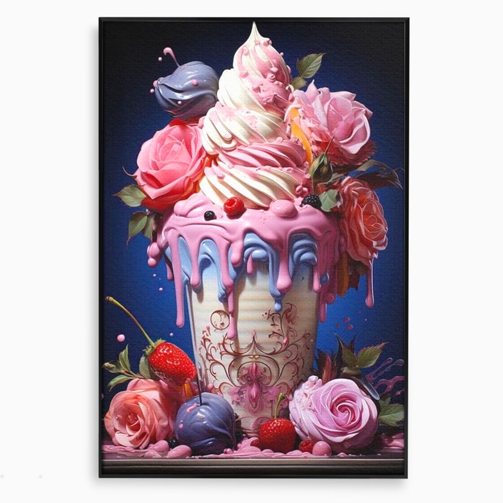 Tablou canvas cu ilustratie digitala cu cupa de desert decorata cu trandafiri, in rama de aluminiu negru
