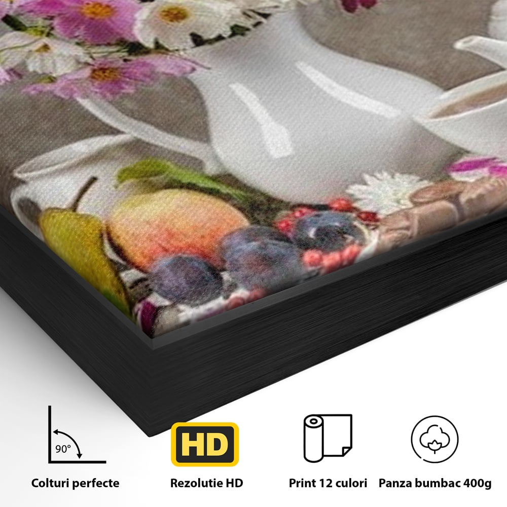 Detaliu al suprafetei: natura moarta cu flori si fructe, in rama de aluminiu negru