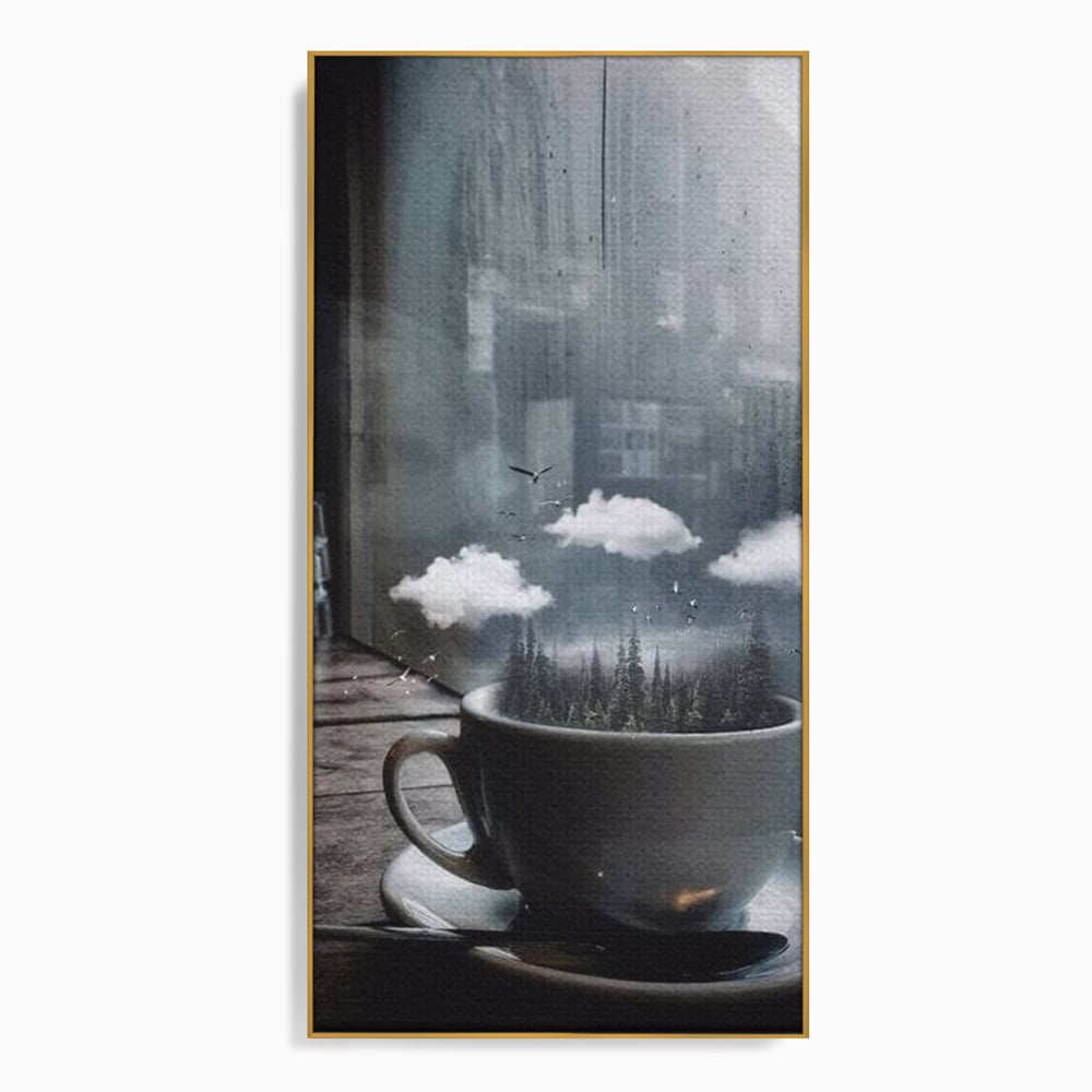 Tablou canvas cu ceasca de cafea cu padure si nori, in rama de aluminiu auriu