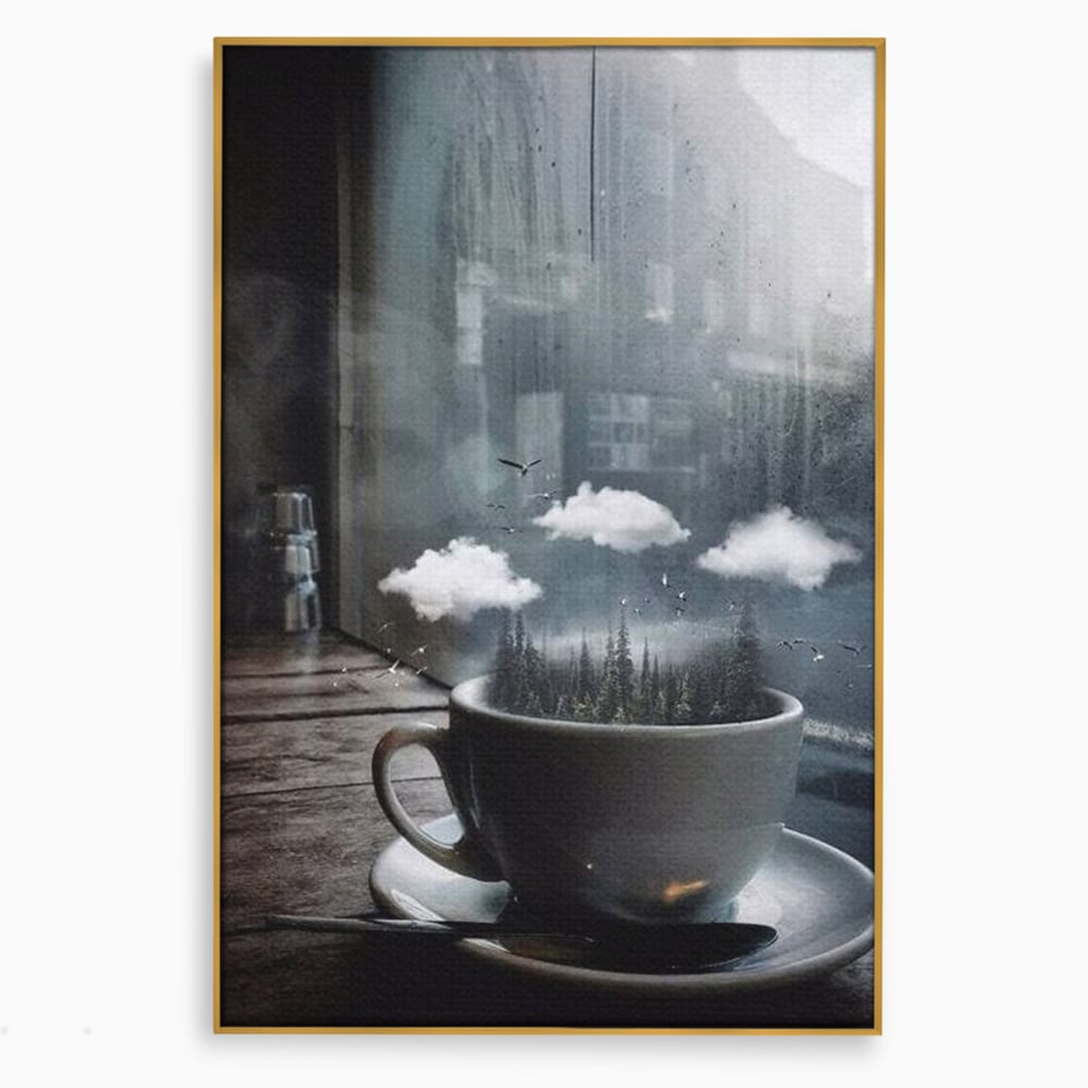 Tablou canvas cu ceasca de cafea cu padure si nori, in rama de aluminiu auriu