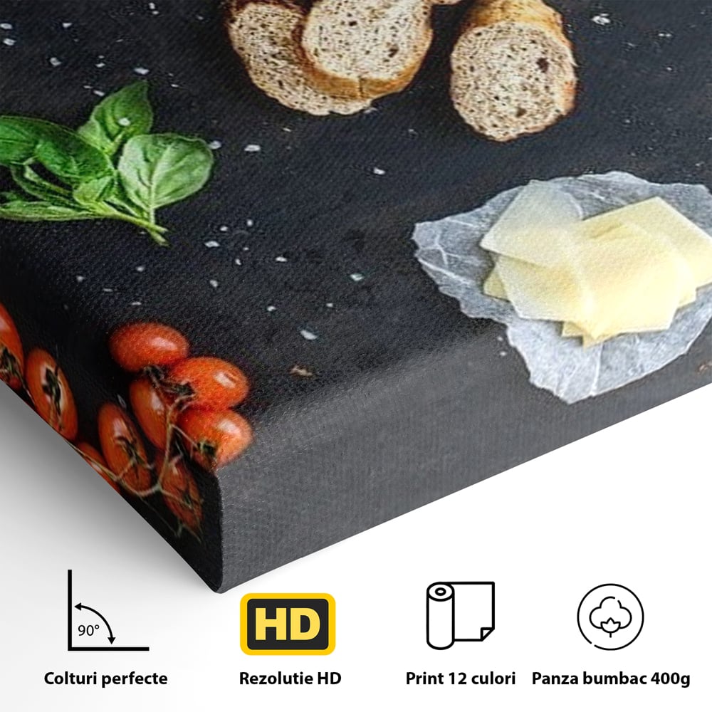 Detaliu al suprafetei: natura moarta cu ingrediente italiene, fara rama, pe sasiu de lemn