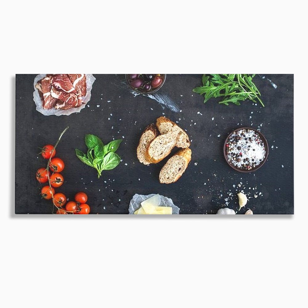 Tablou canvas cu natura moarta cu ingrediente italiene, fara rama, pe sasiu de lemn