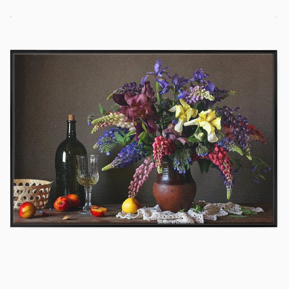 Tablou canvas cu natura statica cu flori si vin, in rama de aluminiu negru