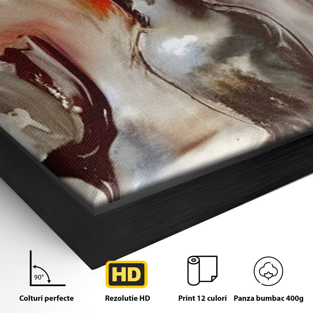 Detaliu al suprafetei: pictura cu vaza, flori si pahar de vin, in rama de aluminiu negru