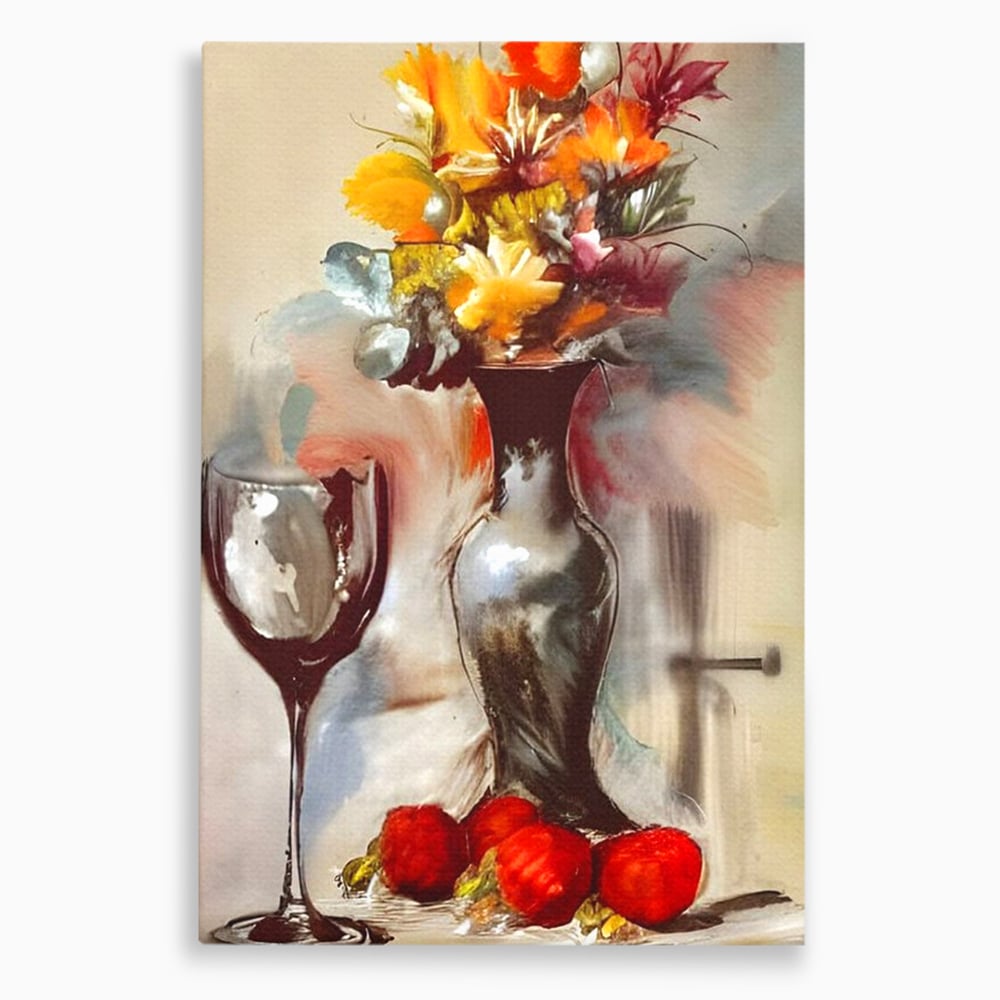 Tablou canvas cu pictura cu vaza, flori si pahar de vin, fara rama, pe sasiu de lemn