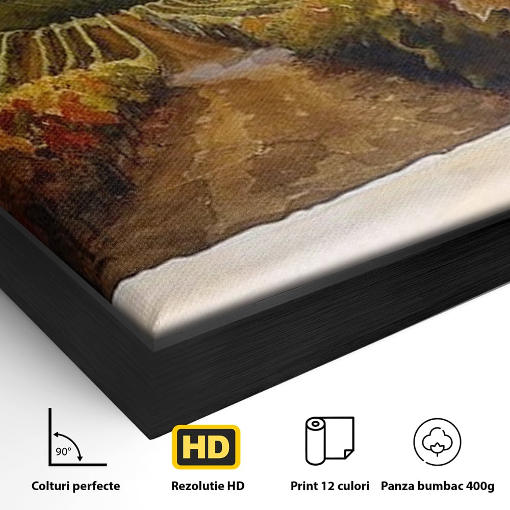 Detaliu al suprafetei: tablou canvas cu peisaj viticol si pahare de vin, in rama de aluminiu negru