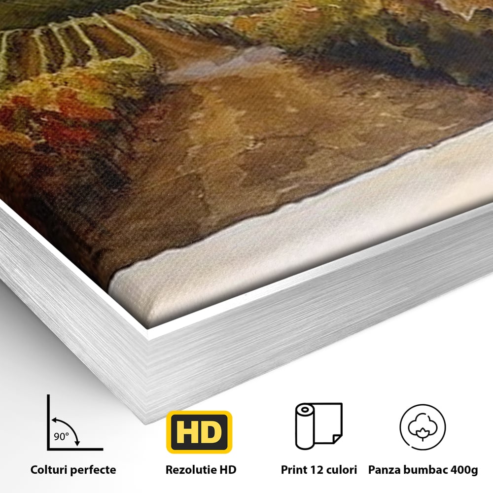 Detaliu al suprafetei: tablou canvas cu peisaj viticol si pahare de vin, in rama de aluminiu argintiu