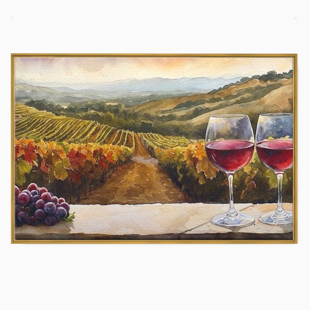 Tablou canvas cu tablou canvas cu peisaj viticol si pahare de vin, in rama de aluminiu auriu
