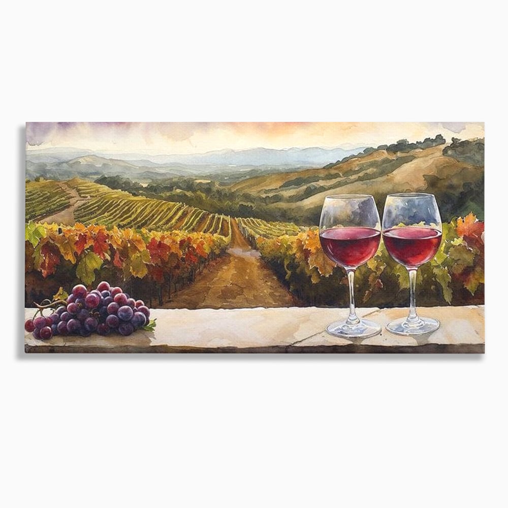 Tablou canvas cu tablou canvas cu peisaj viticol si pahare de vin, fara rama, pe sasiu de lemn