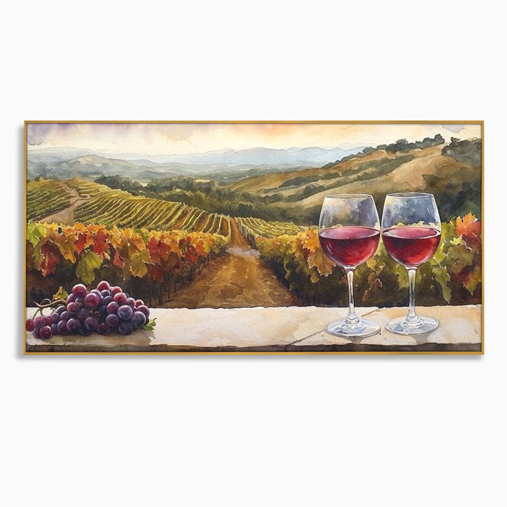 Tablou canvas cu tablou canvas cu peisaj viticol si pahare de vin, in rama de aluminiu auriu