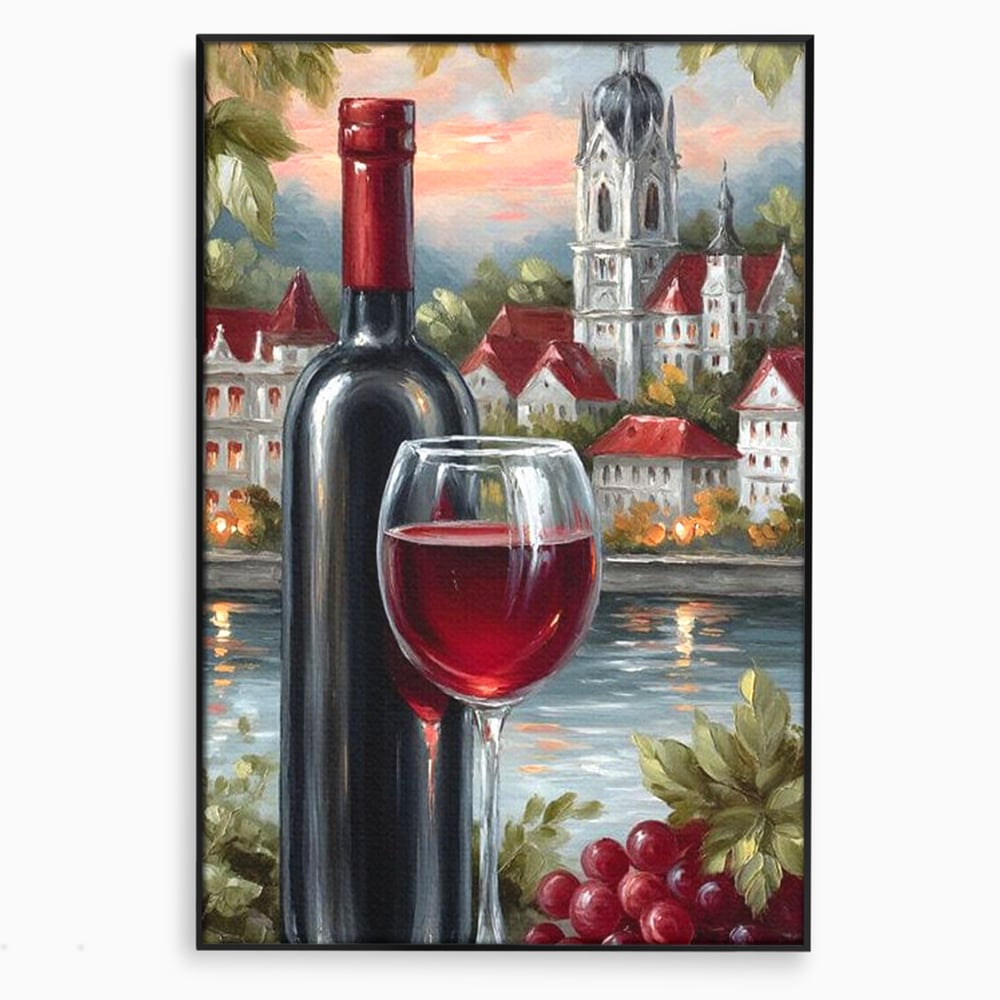 Tablou canvas cu pictura cu sticla de vin si oras, in rama de aluminiu negru