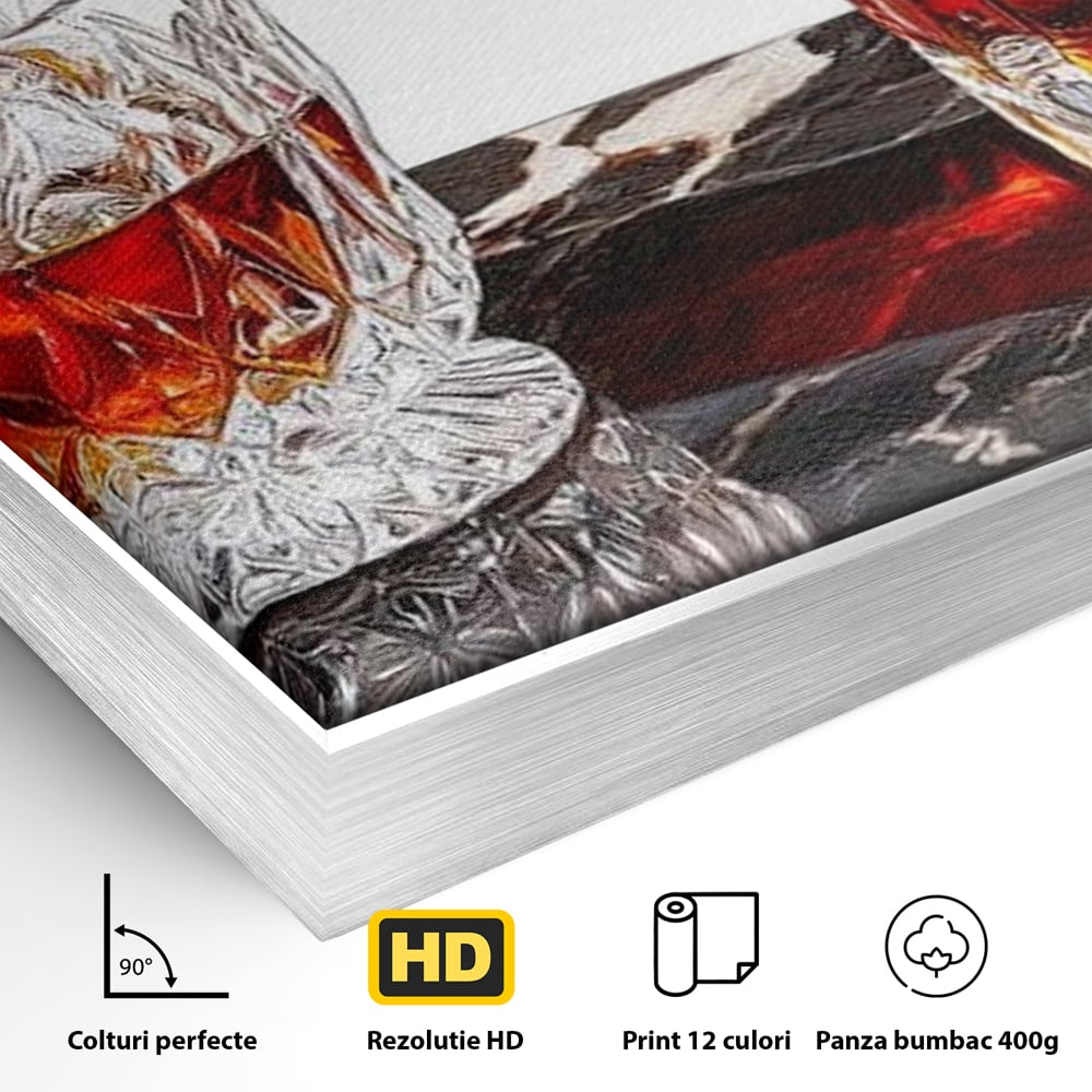 Detaliu al suprafetei: tablou canvas cu pahar de whisky si carafa, in rama de aluminiu argintiu