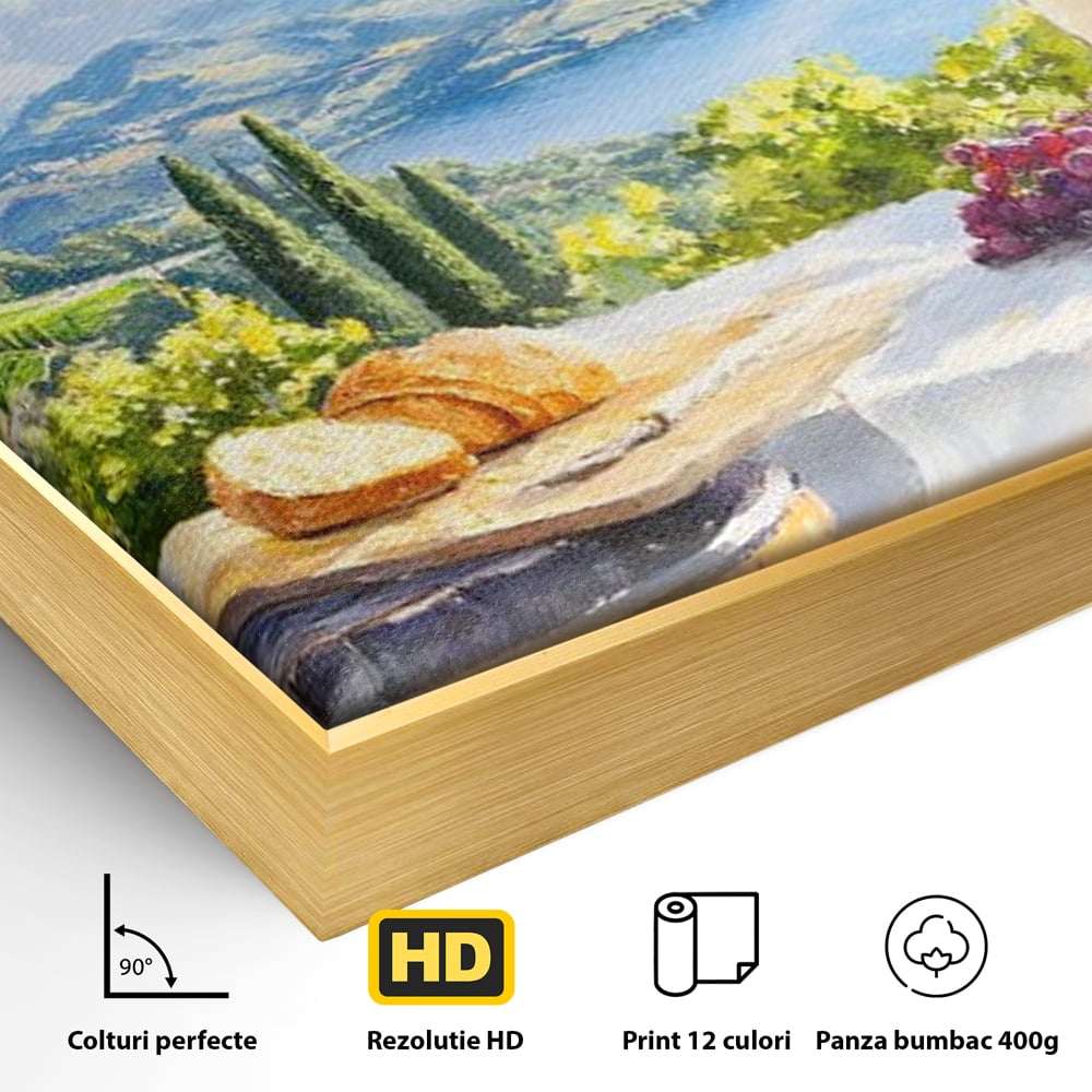 Detaliu al suprafetei: tablou canvas cu peisaj rural si struguri, in rama de aluminiu auriu