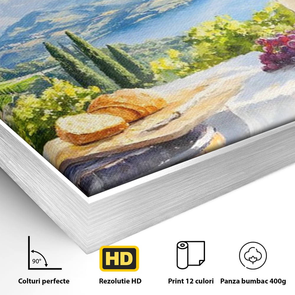 Detaliu al suprafetei: tablou canvas cu peisaj rural si struguri, in rama de aluminiu argintiu