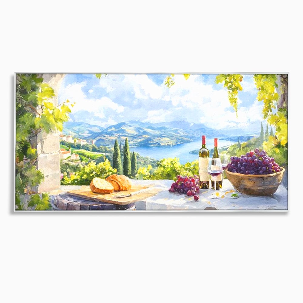Tablou canvas cu tablou canvas cu peisaj rural si struguri, in rama de aluminiu argintiu