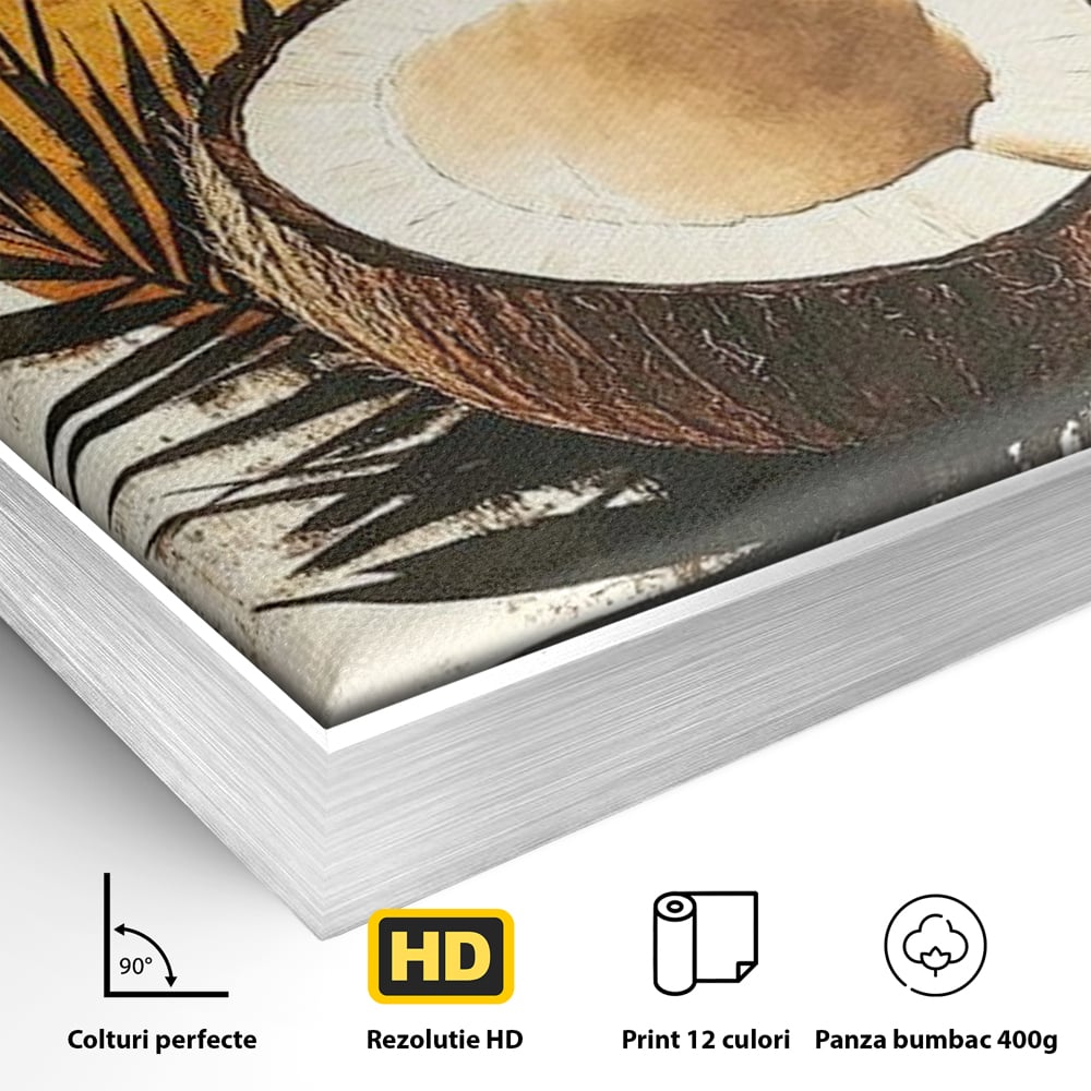 Detaliu al suprafetei: tablou canvas cu nuca de cocos si soare portocaliu, in rama de aluminiu argintiu