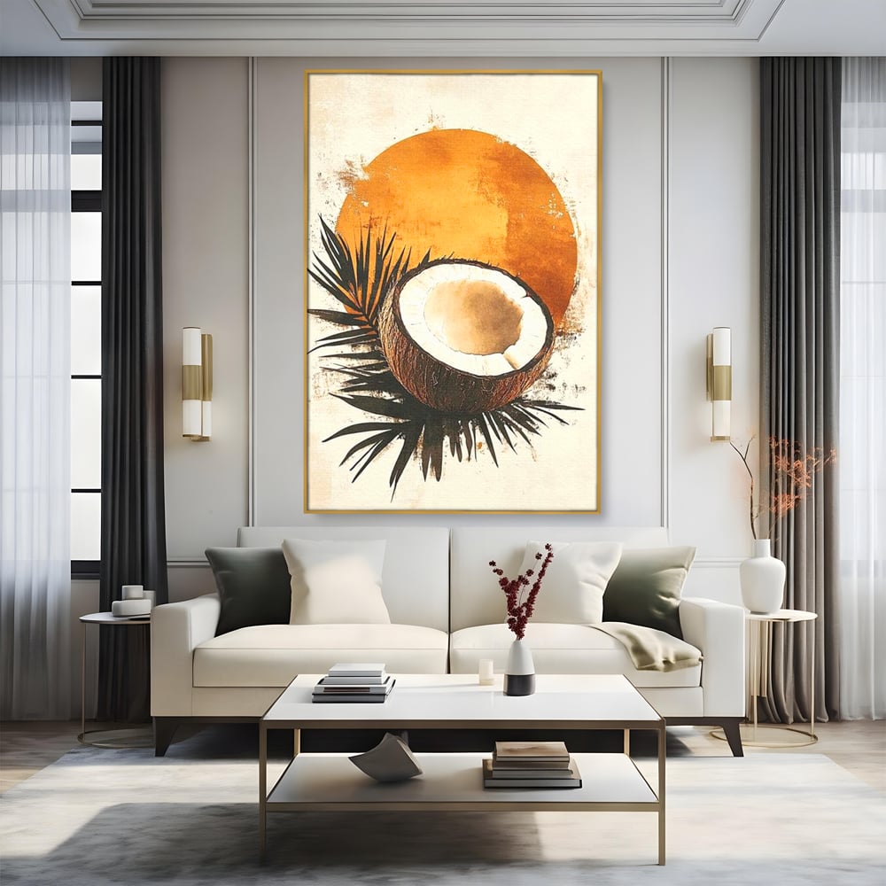 Tablou canvas cu tablou canvas cu nuca de cocos si soare portocaliu, in rama de aluminiu auriu, pe perete intr-un living