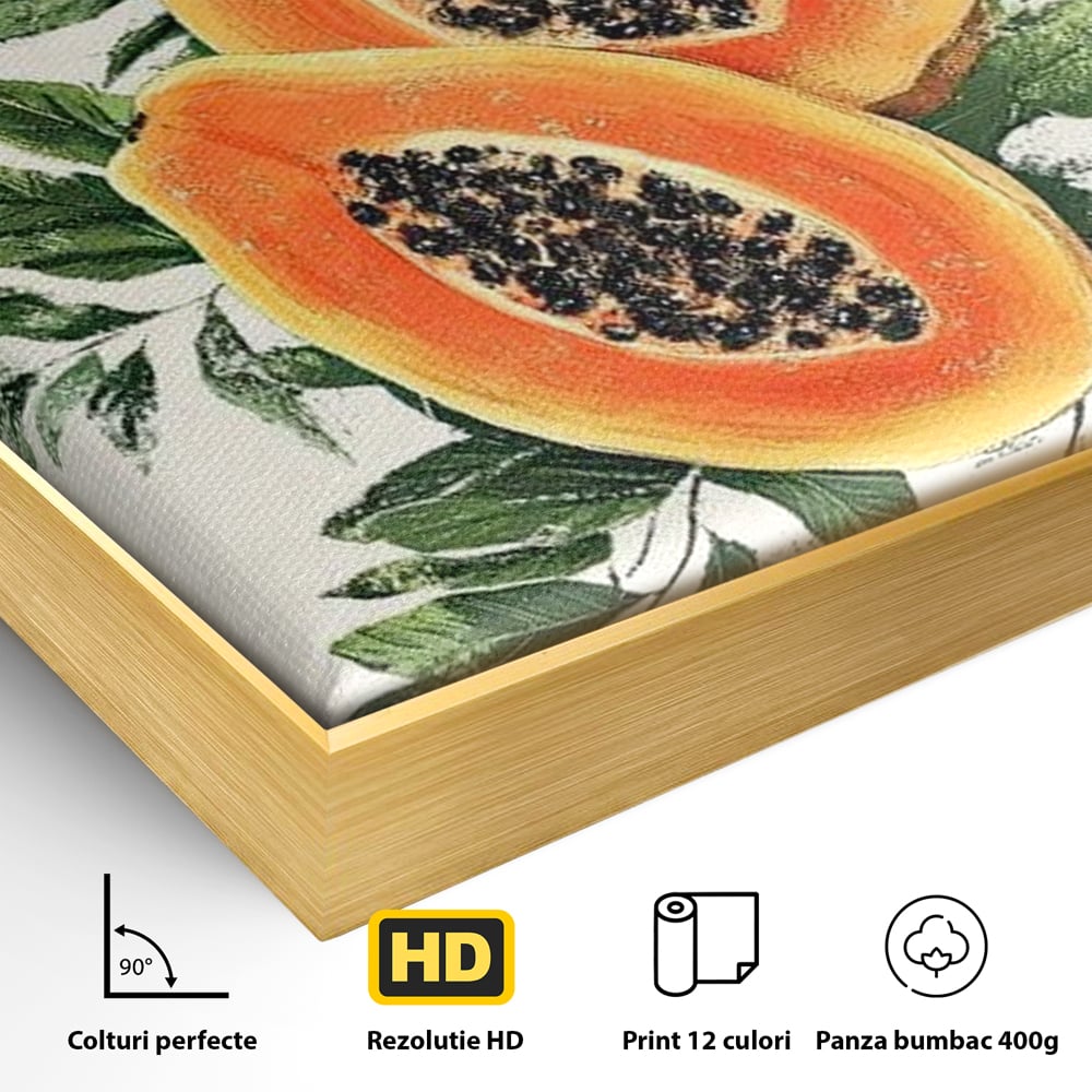 Detaliu al suprafetei: ilustratie cu papaya si frunze tropicale, in rama de aluminiu auriu