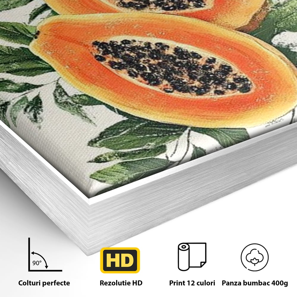 Detaliu al suprafetei: ilustratie cu papaya si frunze tropicale, in rama de aluminiu argintiu