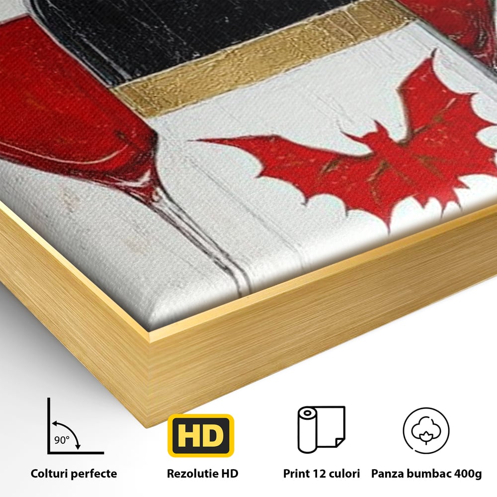 Detaliu al suprafetei: tablou canvas cu sticla de vin si lilieci, in rama de aluminiu auriu
