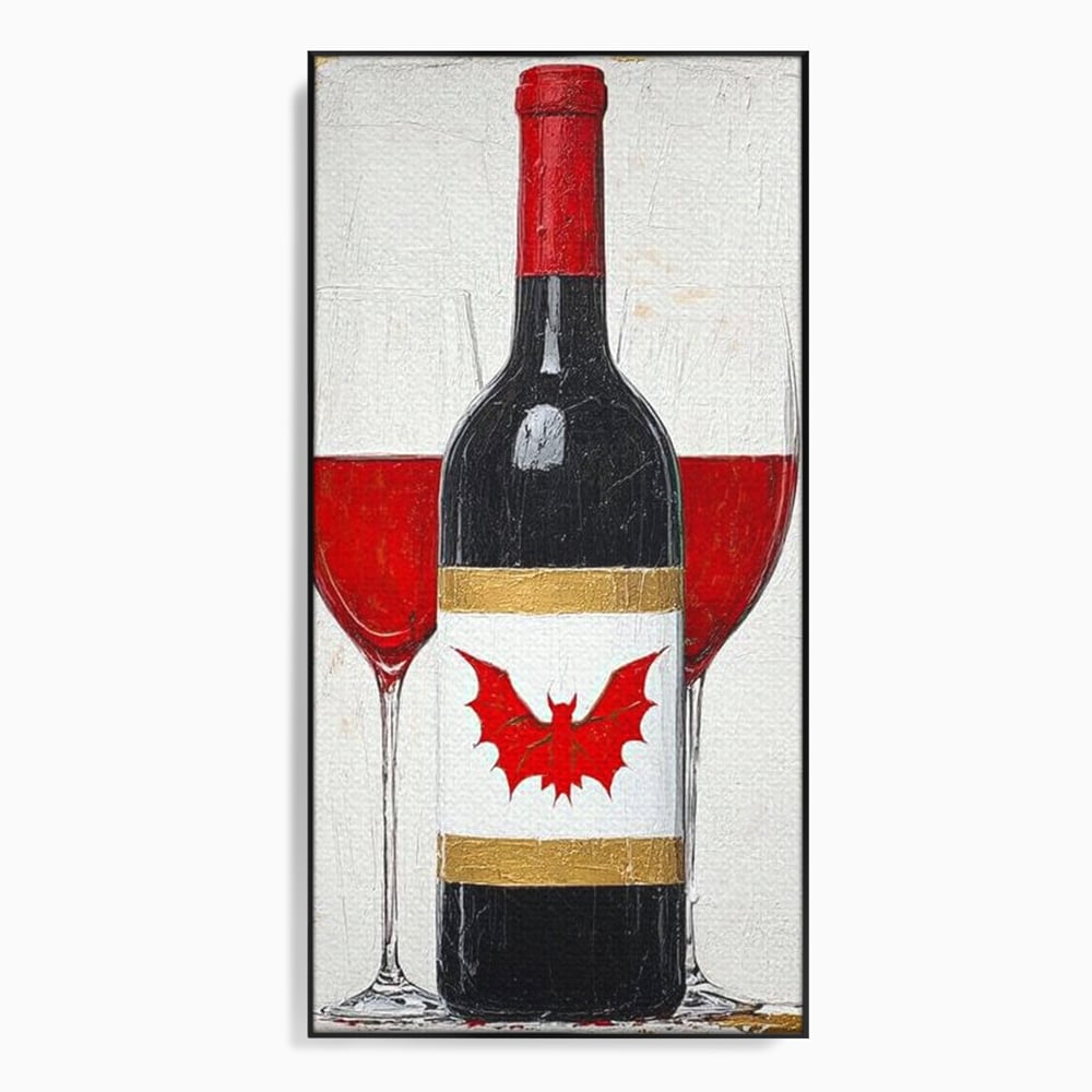 Tablou canvas cu tablou canvas cu sticla de vin si lilieci, in rama de aluminiu negru