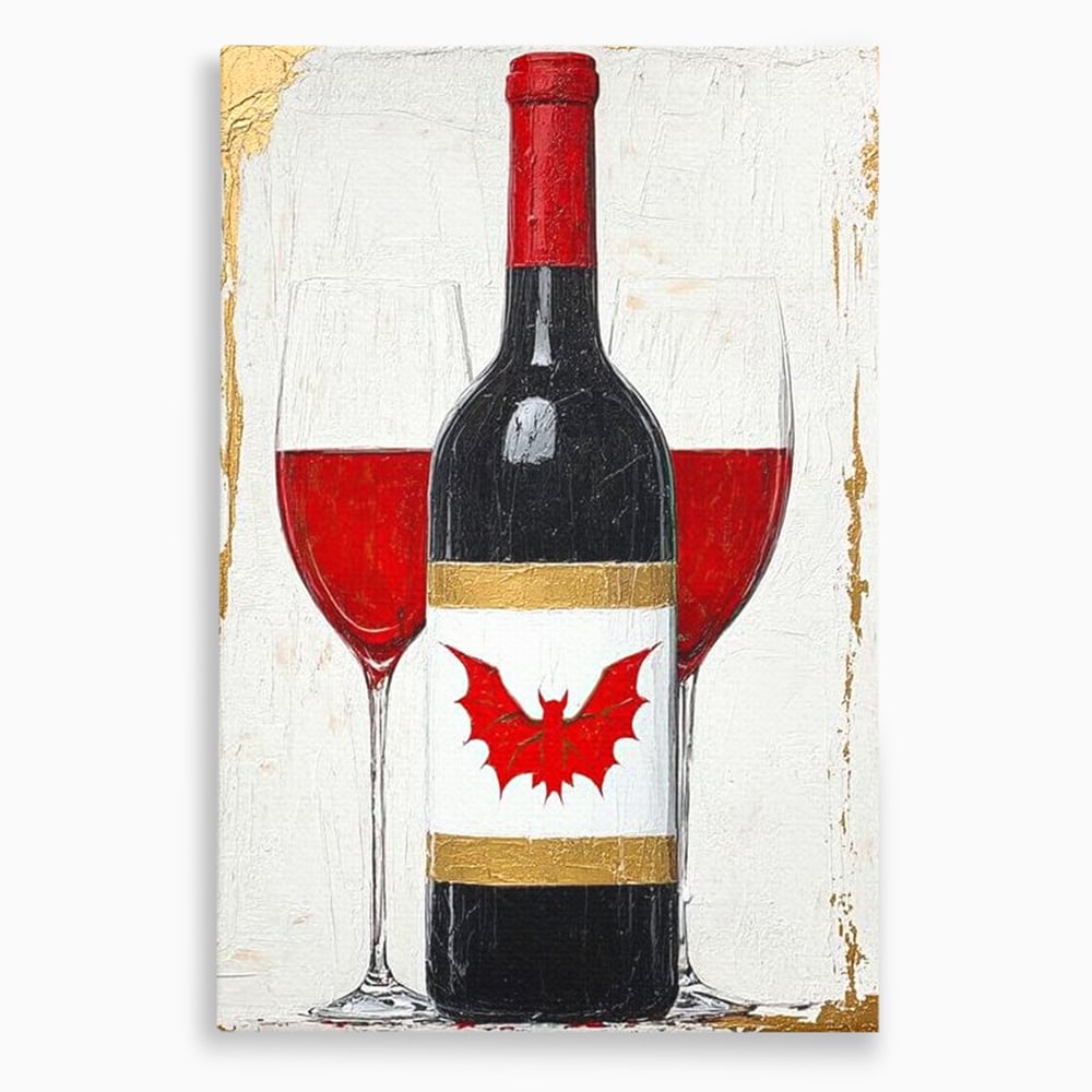 Tablou canvas cu tablou canvas cu sticla de vin si lilieci, fara rama, pe sasiu de lemn