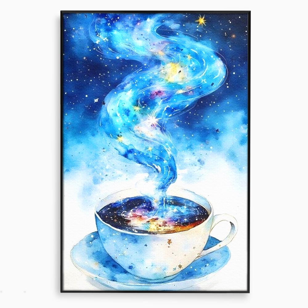 Tablou canvas cu ceasca de cafea cu galaxie, in rama de aluminiu negru