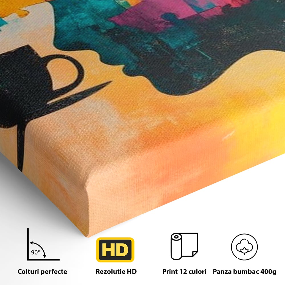 Detaliu al suprafetei: tablou canvas cu silueta de femeie si puzzle, fara rama, pe sasiu de lemn