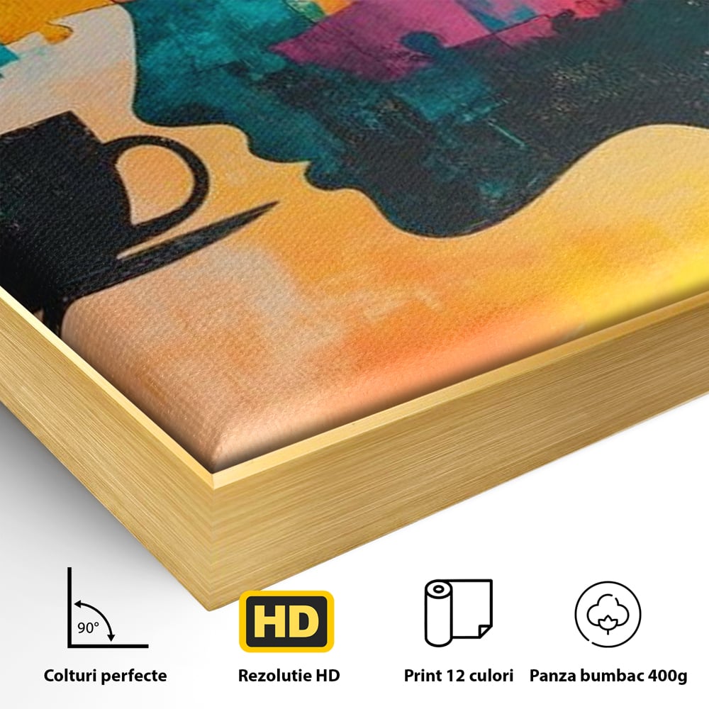 Detaliu al suprafetei: tablou canvas cu silueta de femeie si puzzle, in rama de aluminiu auriu