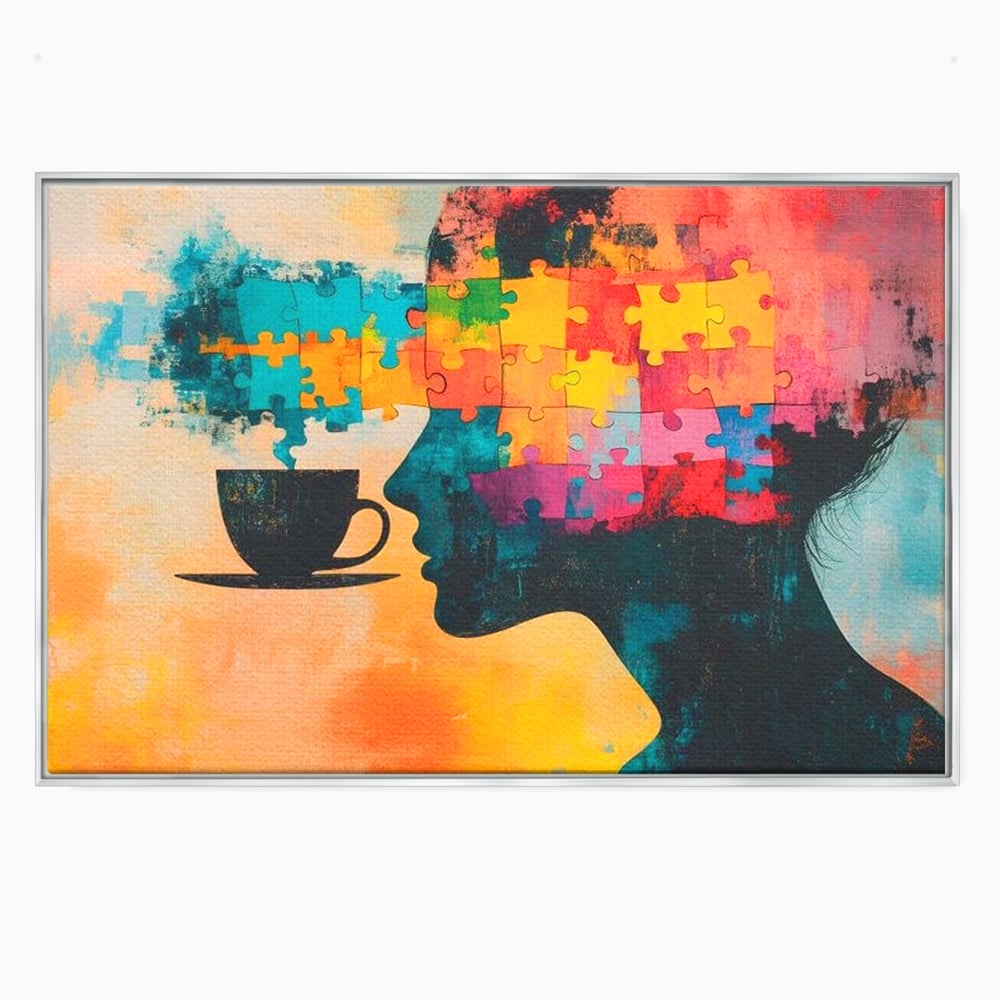 Tablou canvas cu tablou canvas cu silueta de femeie si puzzle, in rama de aluminiu argintiu