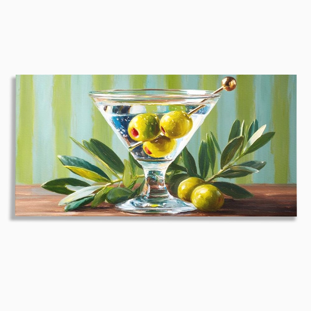 Tablou canvas cu pictura cu pahar martini si masline, fara rama, pe sasiu de lemn