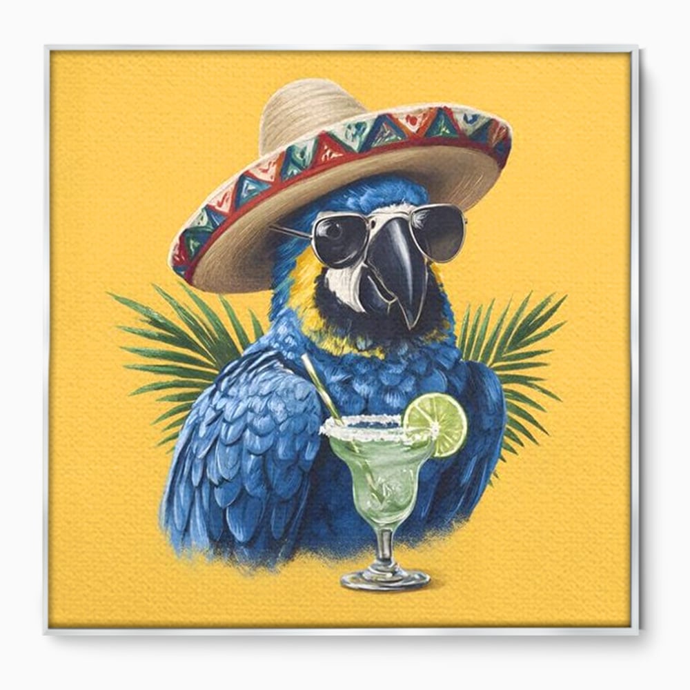 Tablou canvas cu tablou canvas cu papagal cu sombrero si cocktail, in rama de aluminiu argintiu