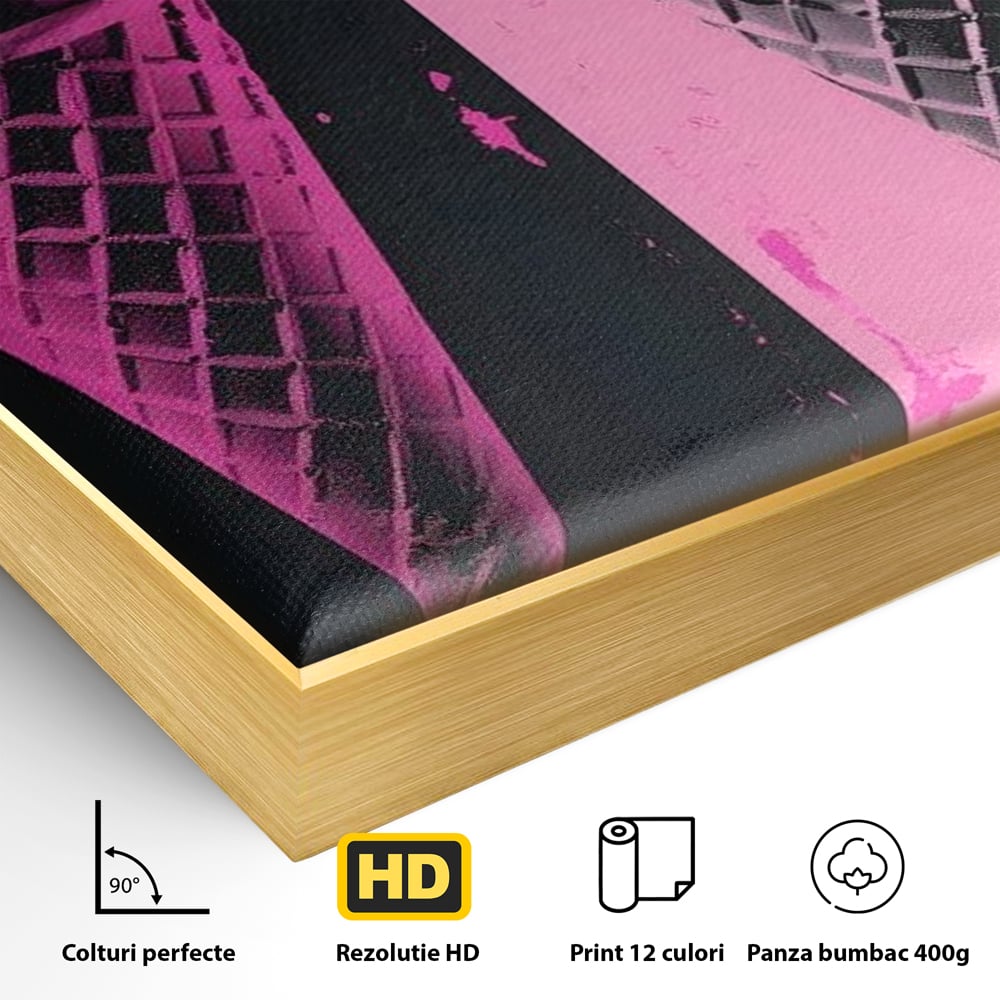 Detaliu al suprafetei: tablou canvas cu doua inghetate pe bat impartit vertical, in rama de aluminiu auriu