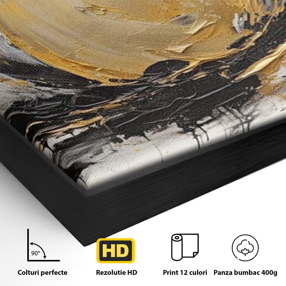 Detaliu al suprafetei: pictura abstracta cu un mar auriu, in rama de aluminiu negru