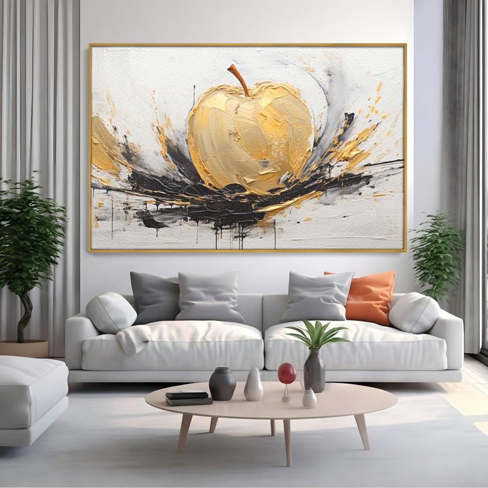 Tablou canvas cu pictura abstracta cu un mar auriu, in rama de aluminiu auriu, pe perete intr-un living