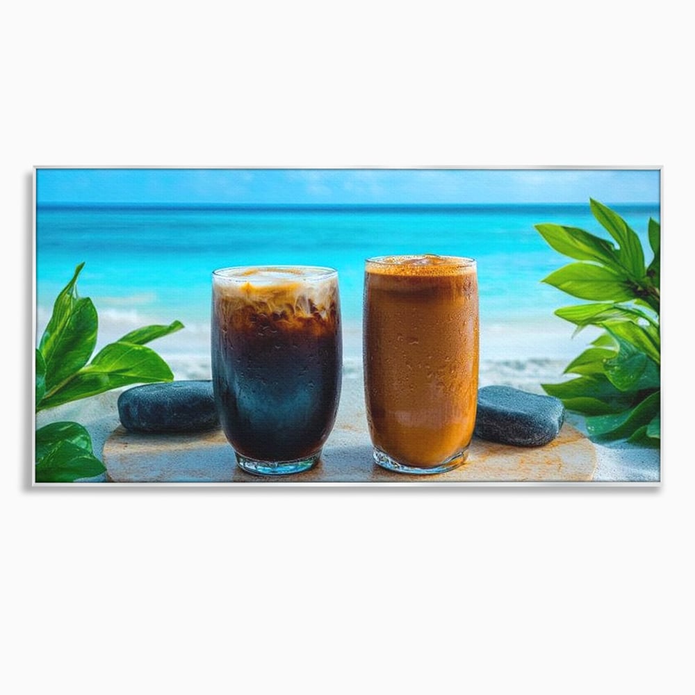 Tablou canvas cu doua pahare cu cafea pe plaja, in rama de aluminiu argintiu