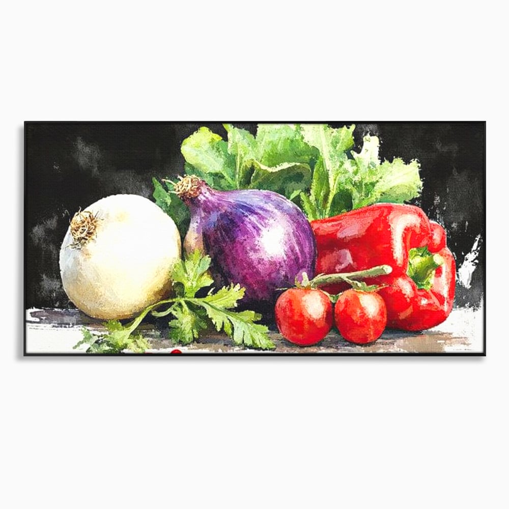 Tablou canvas cu pictura cu legume proaspete si verdeturi, in rama de aluminiu negru