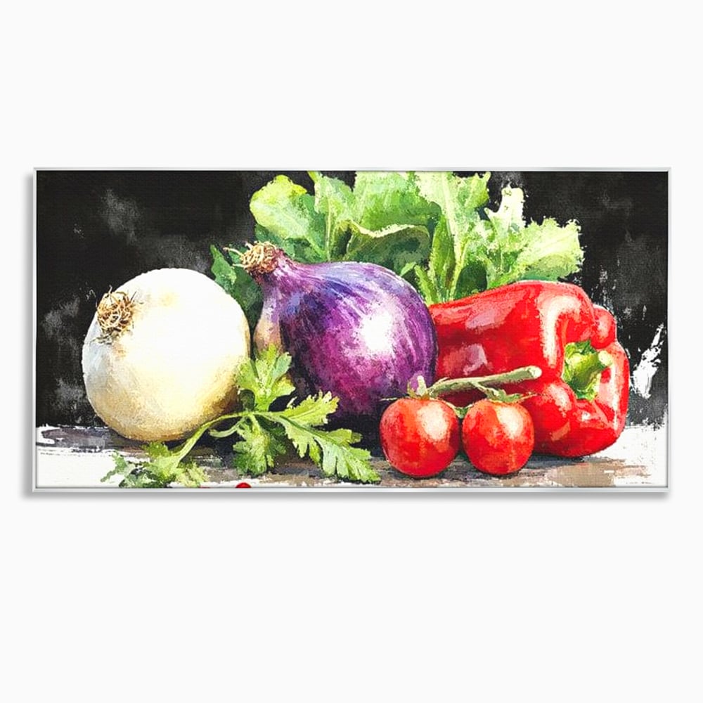 Tablou canvas cu pictura cu legume proaspete si verdeturi, in rama de aluminiu argintiu