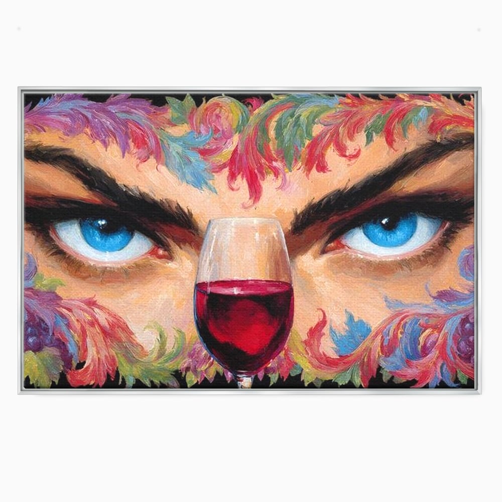 Tablou canvas cu tablou canvas cu ochi albastri si pahar de vin, in rama de aluminiu argintiu
