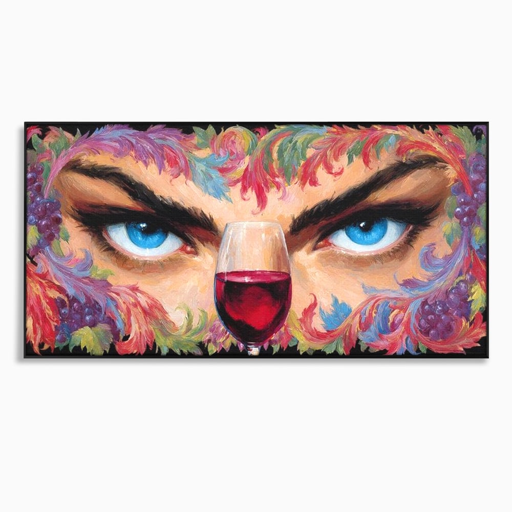 Tablou canvas cu tablou canvas cu ochi albastri si pahar de vin, in rama de aluminiu negru