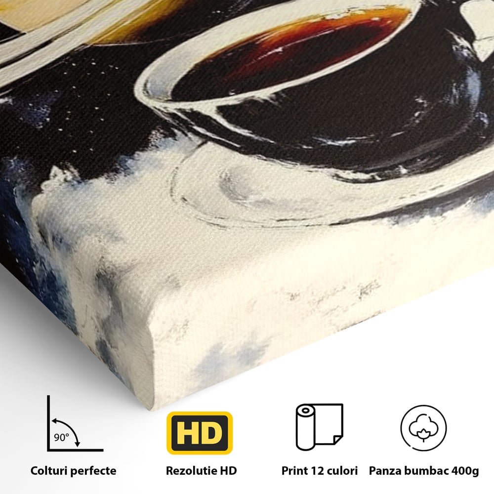Detaliu al suprafetei: tablou canvas cu ceasca si planeta saturn, fara rama, pe sasiu de lemn