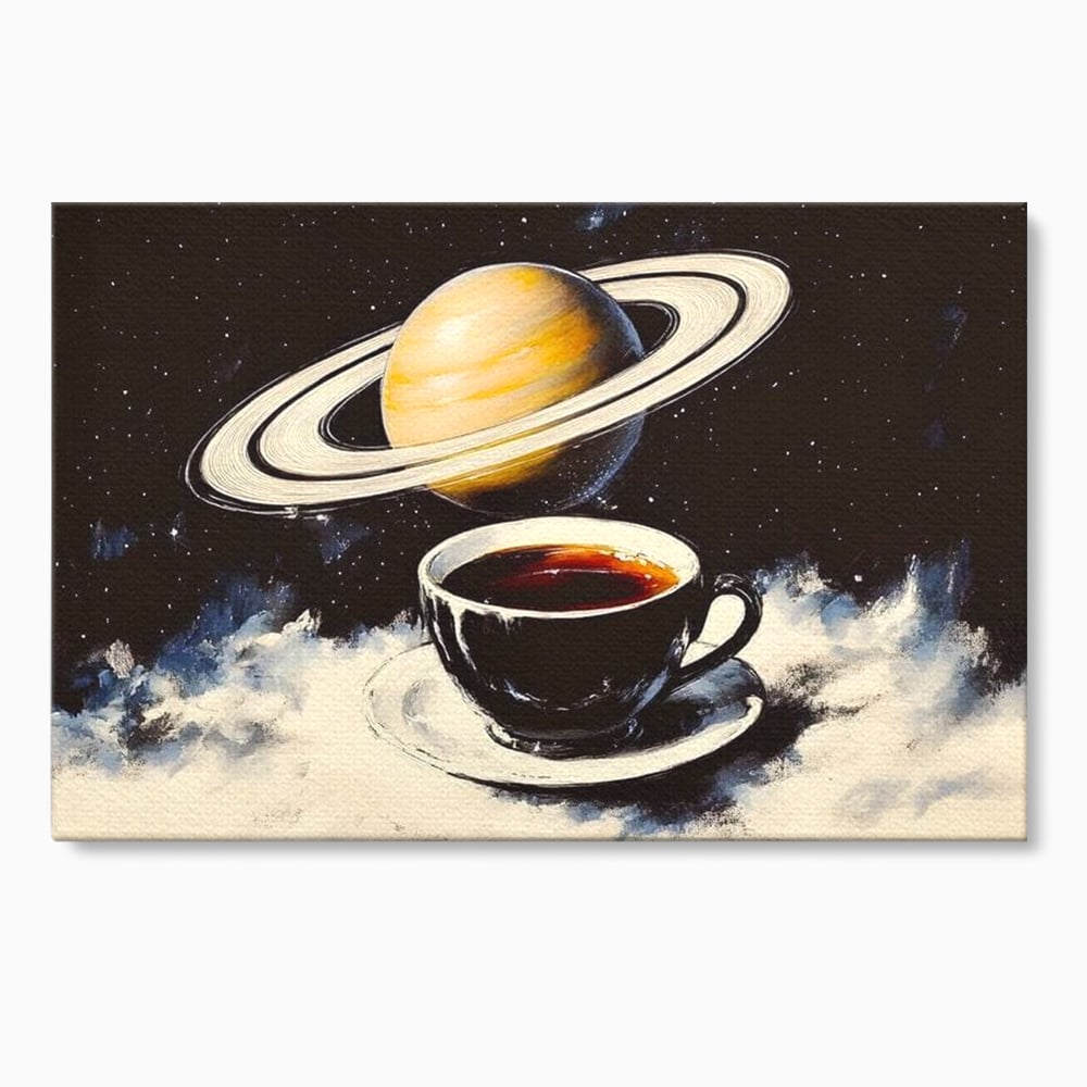 Tablou canvas cu tablou canvas cu ceasca si planeta saturn, fara rama, pe sasiu de lemn