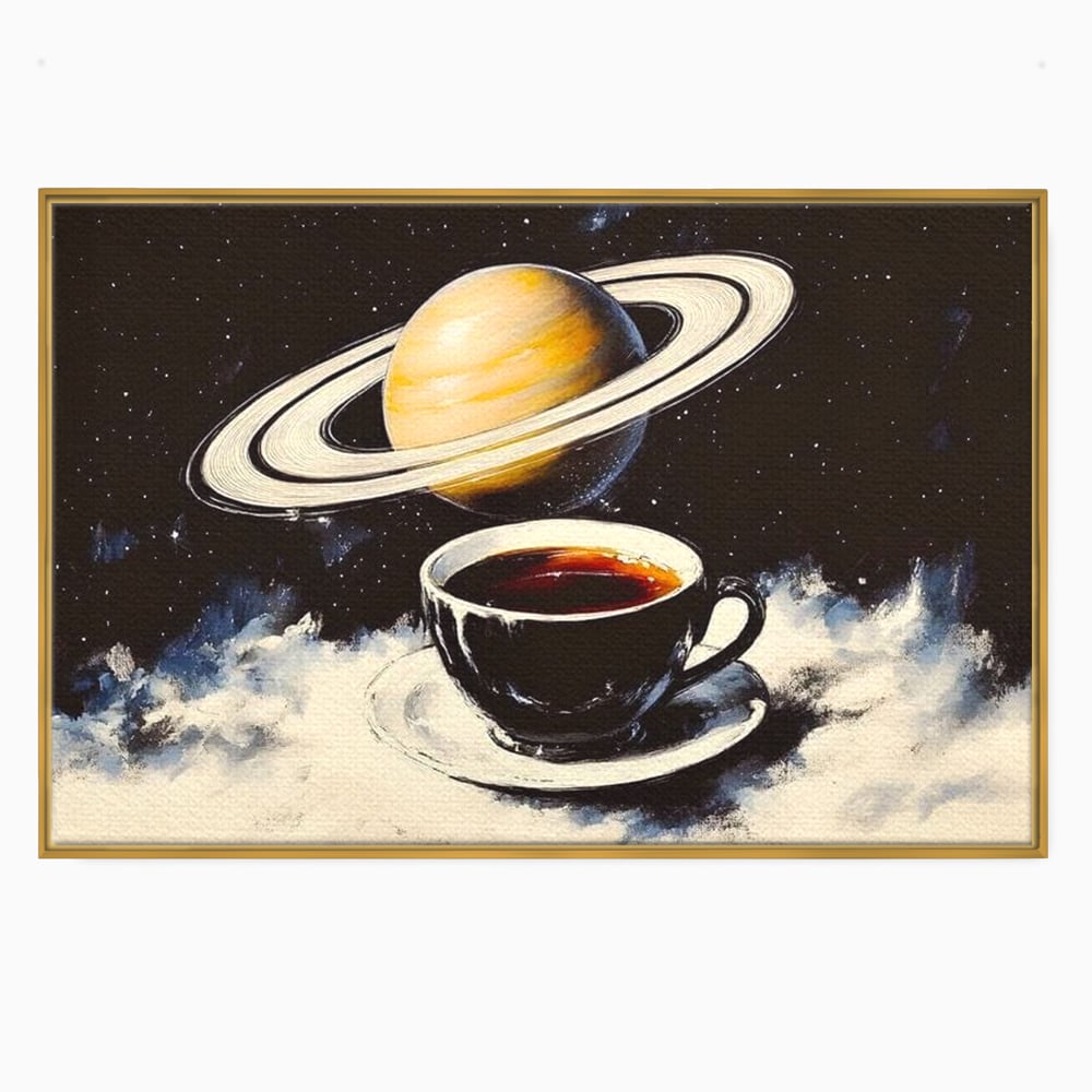 Tablou canvas cu tablou canvas cu ceasca si planeta saturn, in rama de aluminiu auriu