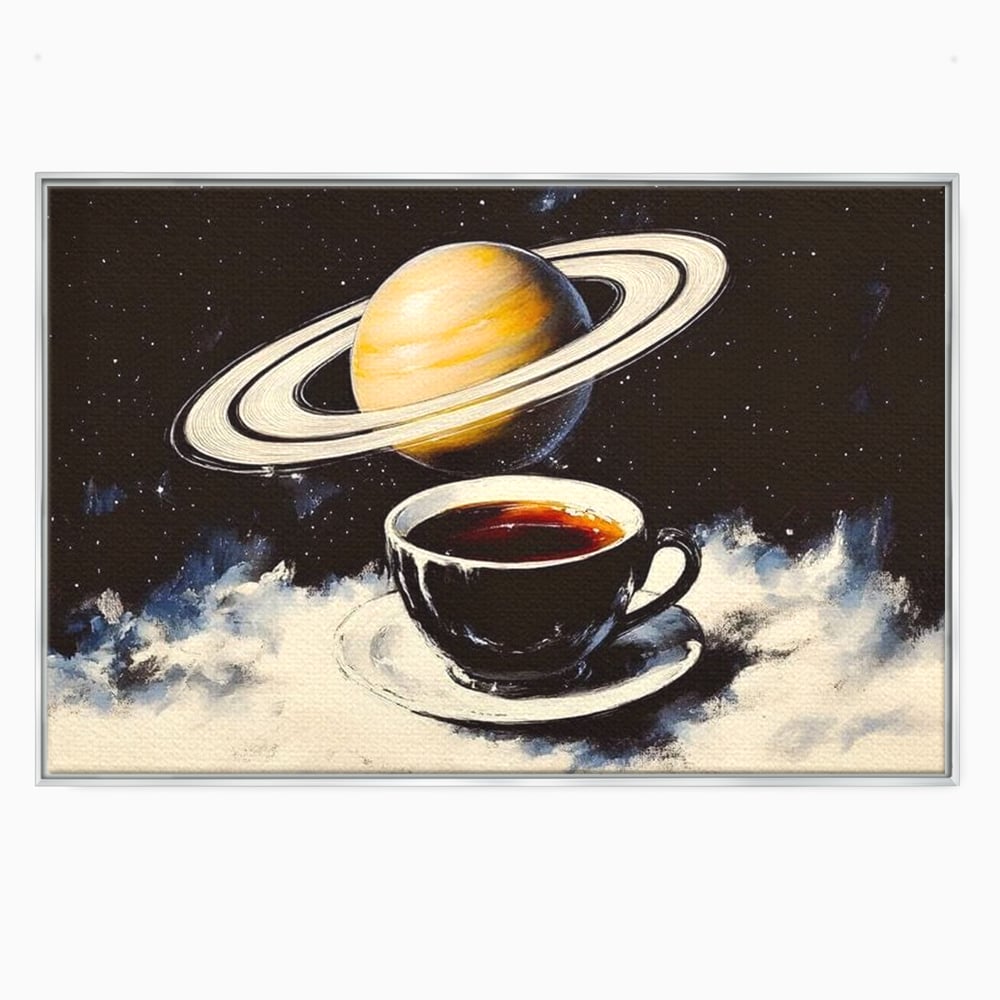 Tablou canvas cu tablou canvas cu ceasca si planeta saturn, in rama de aluminiu argintiu