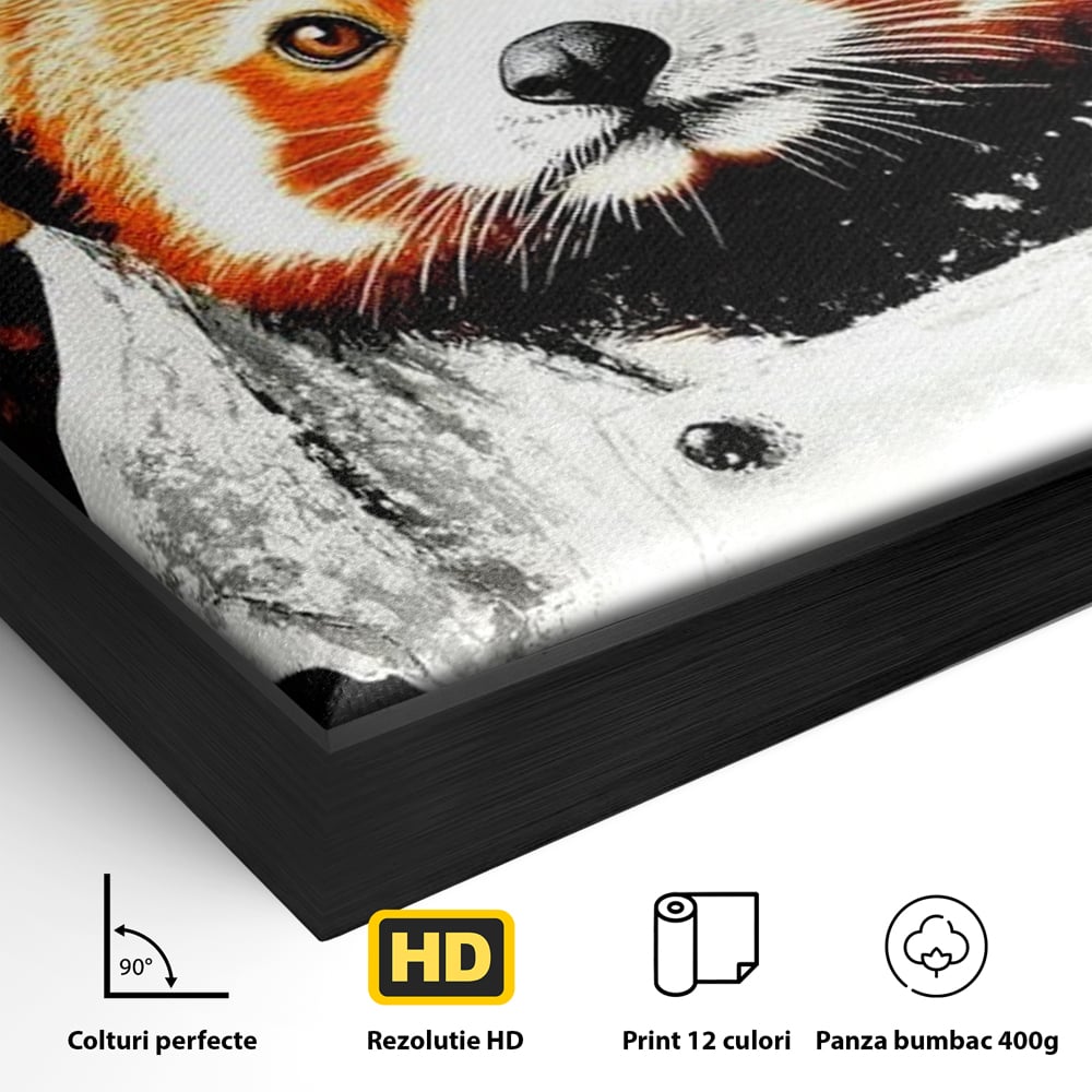 Detaliu al suprafetei: tablou canvas cu panda rosu bucatar, in rama de aluminiu negru