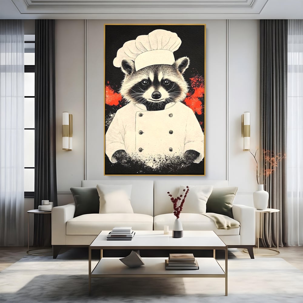 Tablou canvas cu tablou canvas cu raton bucatar, in rama de aluminiu auriu, pe perete intr-un living