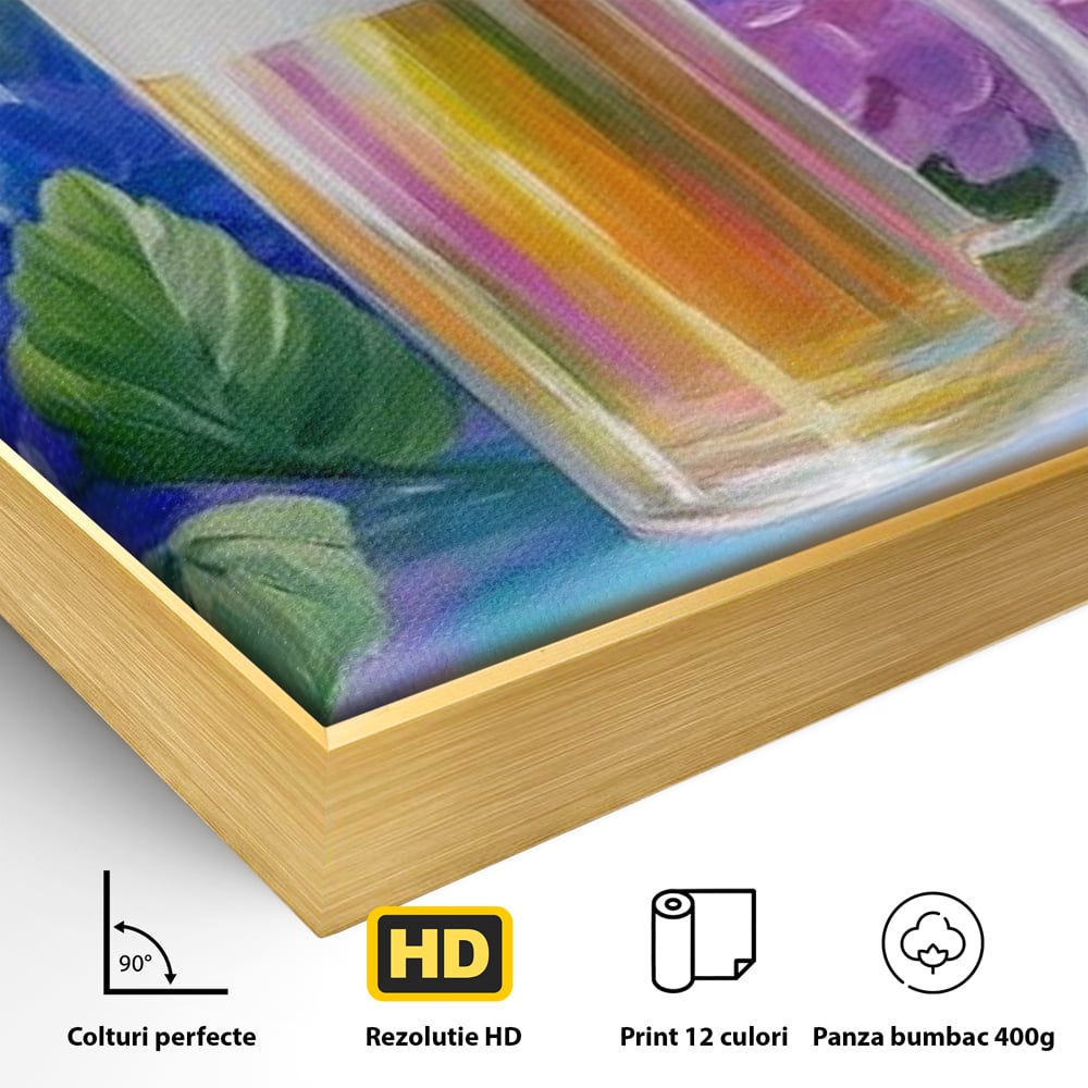 Detaliu al suprafetei: tablou canvas cu halba de bere si flori, in rama de aluminiu auriu