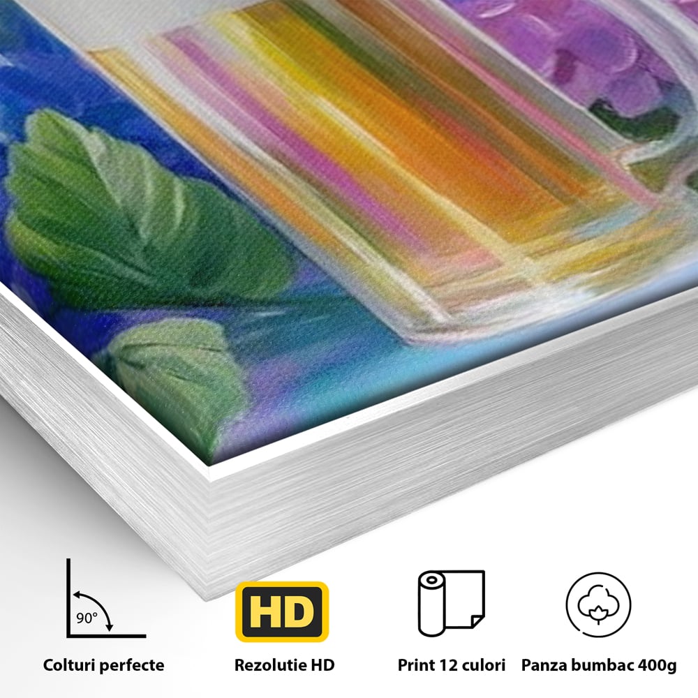Detaliu al suprafetei: tablou canvas cu halba de bere si flori, in rama de aluminiu argintiu