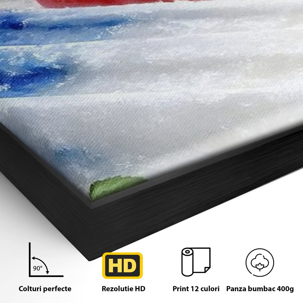 Detaliu al suprafetei: tablou canvas cu inghetata si fructe, in rama de aluminiu negru